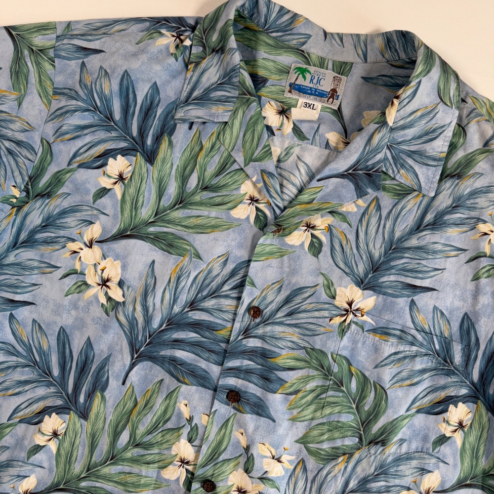RJC Button Down Men 3XL Blue Hawaiian Aloha Tropical Leaf Short Sleeve USA